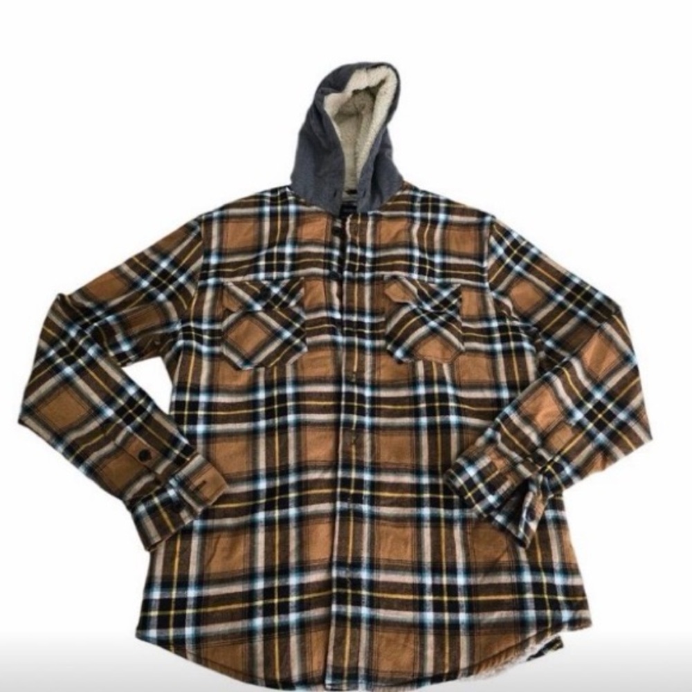 Brown Plaid Flannel Jacket with Hood - Picture 3 of 13